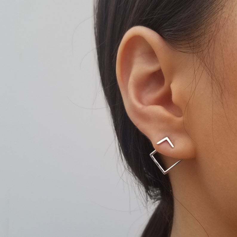 Silver Simple Graceful Geometric Square Two-piece Set Multi-wear Ear Studs