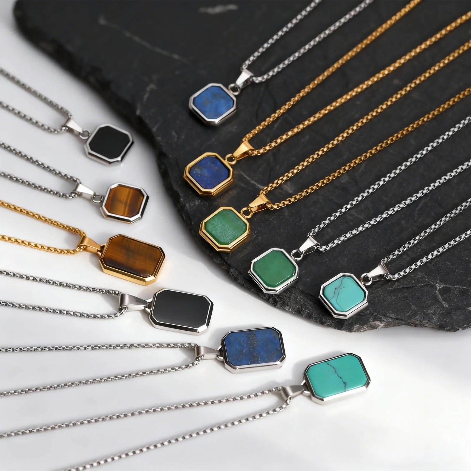 Natural Stone Pendant Necklace for Men – Stainless Steel Chain