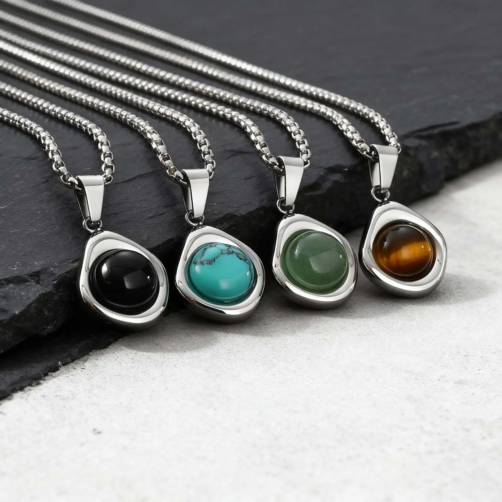 Natural Stone Pendant Necklace for Men – Stainless Steel Chain