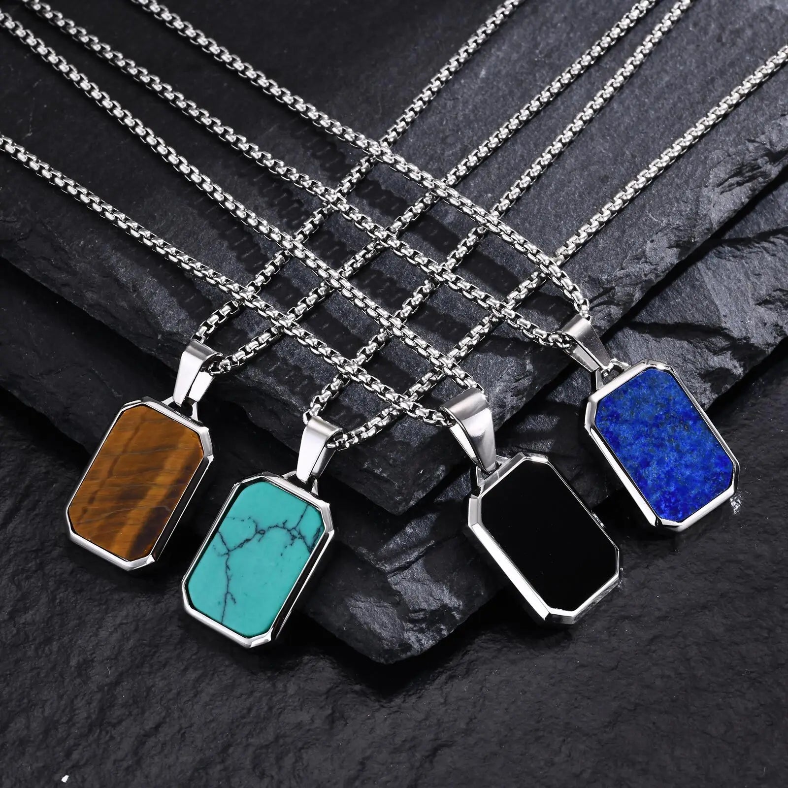 Natural Stone Pendant Necklace for Men – Stainless Steel Chain